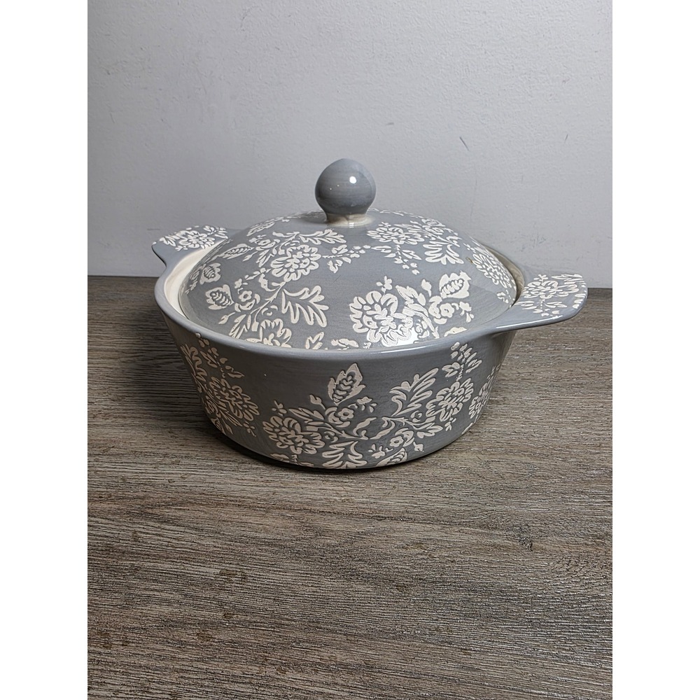 Blue Harbor Grey Floral Ceramic Casserole Dish with Lid Round Baker Stoneware